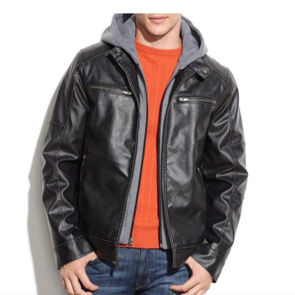 Guess Men's Hooded Faux Leather Jacket